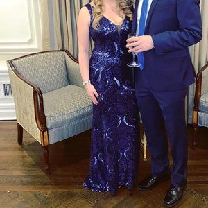 AQUA Navy Sequin Gown, V Neck